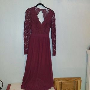 Lulus Awaken My Love Dark Red Long Sleeve Lace Maxi Dress, Size XXS